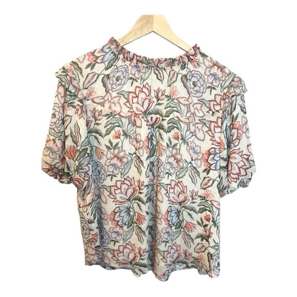 Loft Floral Ruffle Neck Balloon Sleeve Top Blouse XL Cream Pink - Picture 3 of 10